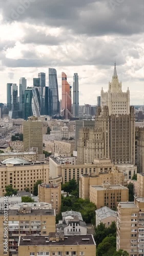 Vertical High Angle View of Moscow Metropolis Skyline with Historic and Modern Skyscrapers