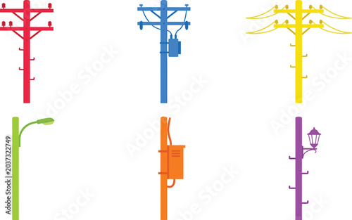 Set of colorful utility poles and street lights vector illustration for urban infrastructure and energy concepts isolated on white background