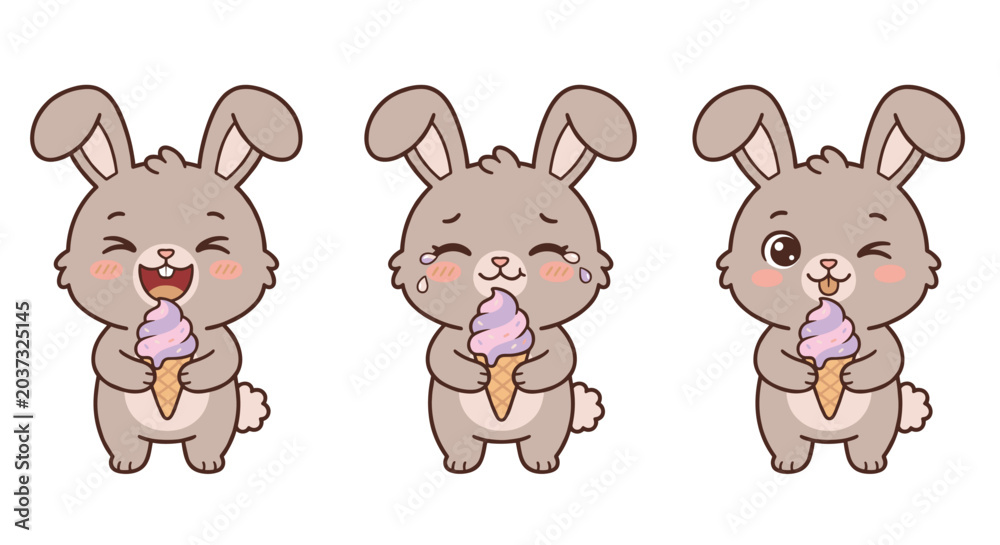 Fototapeta premium Cute Cartoon Bunnies with Ice Cream Showing Different Emotions