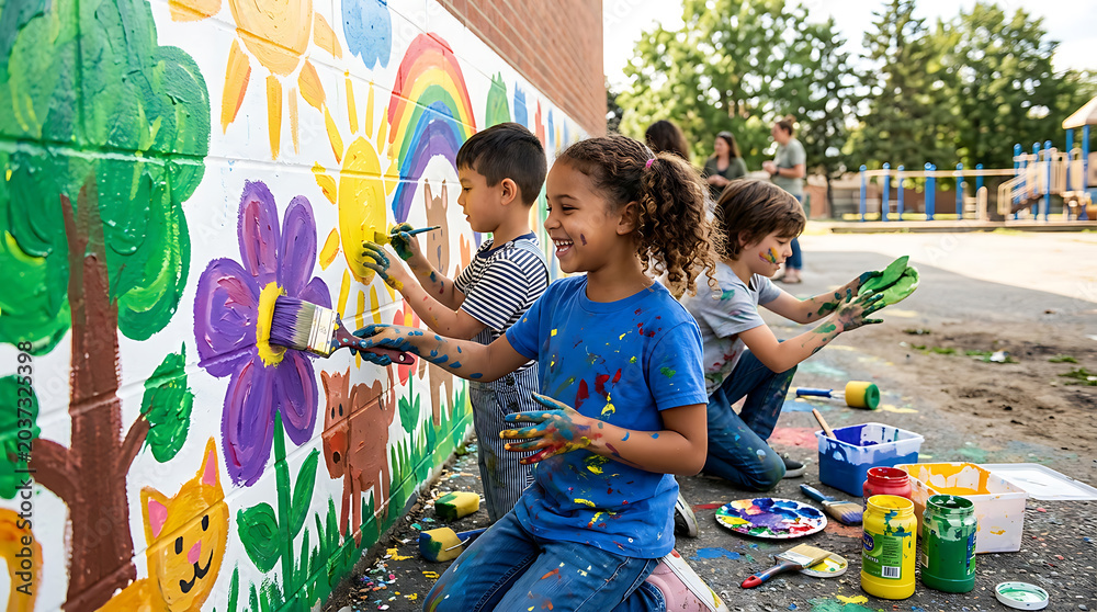 Fototapeta premium Children creatively painting a colorful mural on a brick wall outdoors