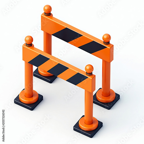 Road construction barriers with orange and black stripes isolated on plain white background.