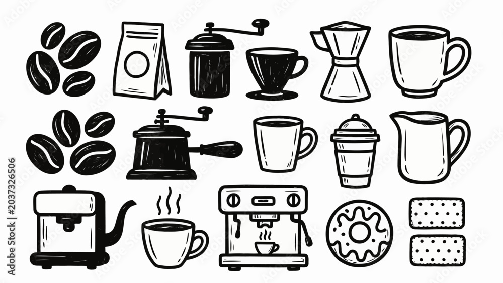 Obraz premium Hand drawn casual coffee culture pictogram icon set with mug beans and espresso machine