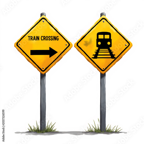 Two yellow diamond train crossing signs with arrow and locomotive silhouette on poles.