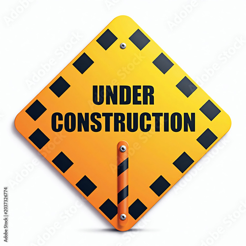 Yellow diamond shaped under construction sign with black geometric borders on white space.