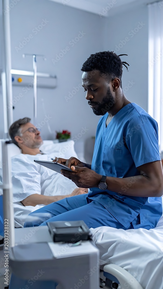 Obraz premium A male nurse in blue scrubs interacts with a hospital patient