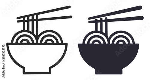 Minimalist black and white bowl of noodles with chopsticks icon set on transparent background