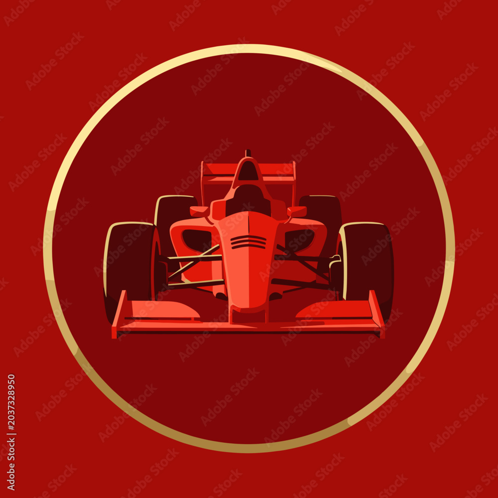 Obraz premium Red Formula One Race Car Centered in Gold Circle on Deep Red Background