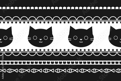 Seamless Pattern with Cartoon Cat Face Design on Black Background. Hand Drawn Vector Illustration.