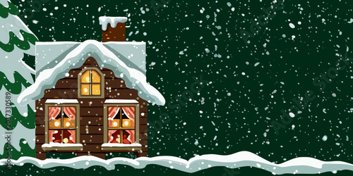 Canvas-taulu Snow covered cabin illustration with glowing windows and dark green background