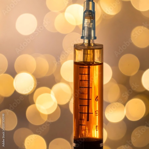 A close-up of a syringe filled with liquid against a blurred background