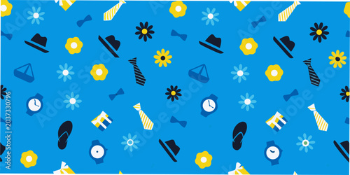 Cuadro en lienzo Floral ornament with hats ties and watches on a blue background