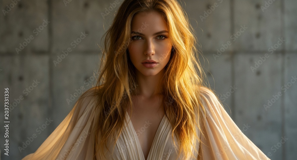 Obraz premium Golden-Haired Woman in Ethereal White Robe Against Concrete Wall, Dramatic Lighting, High-Resolution Stock Photo