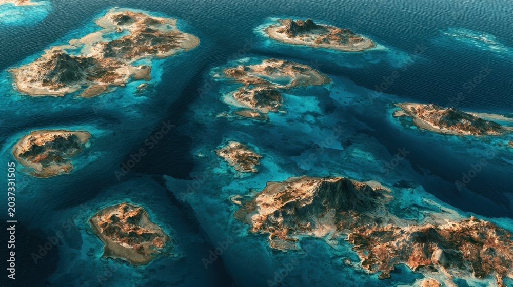Fototapeta premium Aerial view of tropical island archipelago with turquoise water and coral reefs ocean