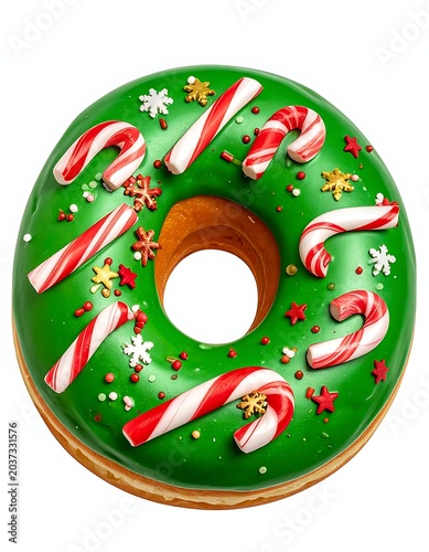 A green frosted doughnut with candy canes and sprinkles