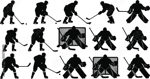 Photography Professional Ice Hockey Player Silhouette Set Featuring Goalie and Skaters in Ac