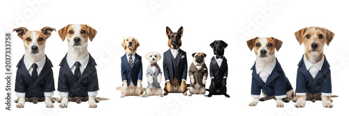 Photography Group of professional dogs dressed in formal business suits and ties isolated on