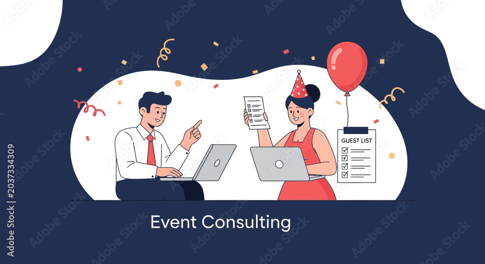 Naklejka premium Event planning team, logistics, guest list management, conference, party consultation