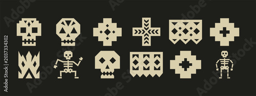Geometric pixel art skull and skeleton icon set with tribal patterns on dark background