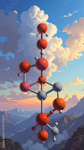 A molecular structure model amidst a mountainous landscape at sunset