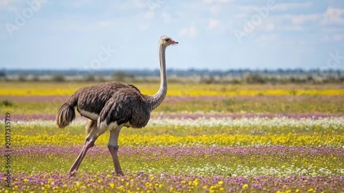 A large ostrich walks across a colorful wildflower meadow under bright daylight, showcasing graceful movement and natural wildlife beauty in an open grassland habitat