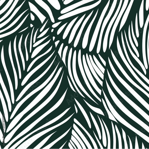 Seamless tropical leaf pattern with elegant flowing lines in deep green and white. Organic botanical design inspired by jungle foliage, perfect for backgrounds, textiles, wallpaper, and modern nature