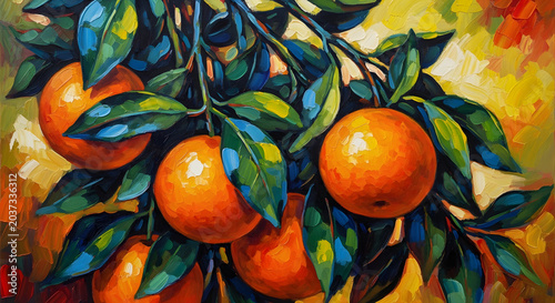 Fresh ripe oranges hanging on tree branches with green leaves in vibrant sunlight