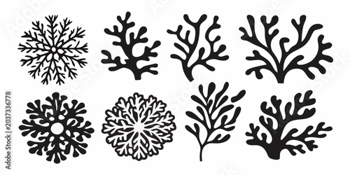 Obraz na plátně Coral And Seaweed Silhouettes Black Shapes On White Background