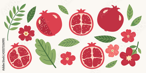 Pomegranate Illustrations With Leaves And Blossoms Flat Vector Design