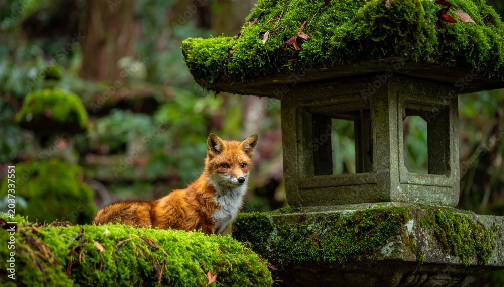 Naklejka premium A cute young red fox cub sits quietly in the green grass of the wild woods, showing off its beautiful fur