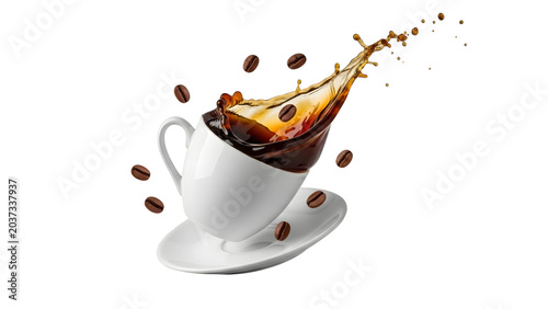Hot coffee splashing from a white ceramic cup with roasted beans on black