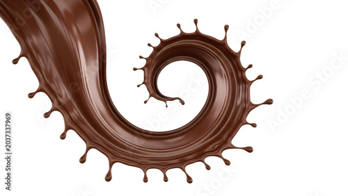 Liquid milk chocolate swirling in a dynamic spiral splash on black background