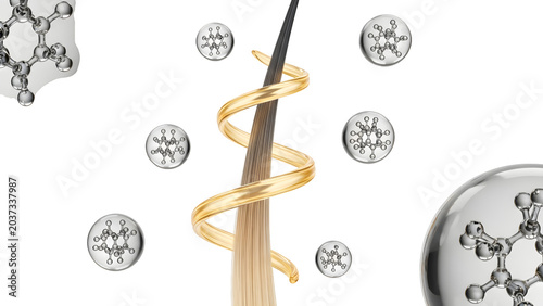 Microscopic view of hair strand with nourishing serum molecules