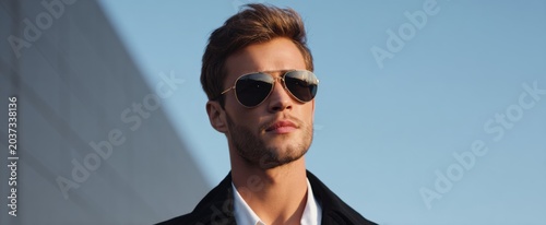Stylish man in aviator sunglasses confidently showcases modern flair and chic eyewear