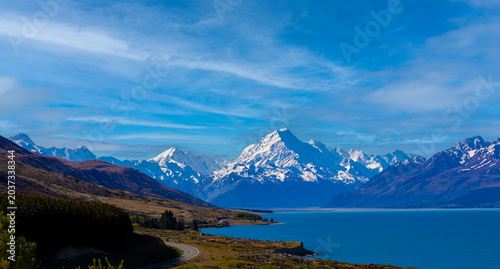 Canvas Print The landscape view with coast of road highway with mount cook mountain and  Blue