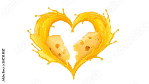 Heart shaped liquid cheese splash with swiss cheese blocks isolated on black
