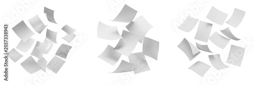 Flying blank white paper sheets falling in the air isolated on white background for business document and office concept visualization as seen in image