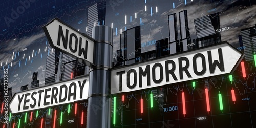 Konstfotografi Now, Yesterday, Tomorrow - Signpost with Three Arrows - 3D illustration