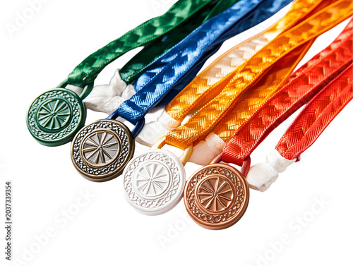 Sports achievement medals in various colors for winning and competition