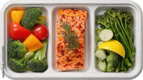 Fresh Salmon Fillet Meal prep container with roasted salmon and fresh vegetables including broccoli, bell peppers, cherry tomatoes, lemon, and broccolini.