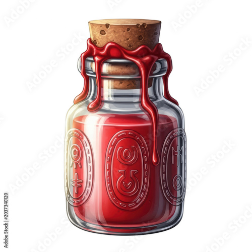 Red potion in a glass bottle with cork and wax seal