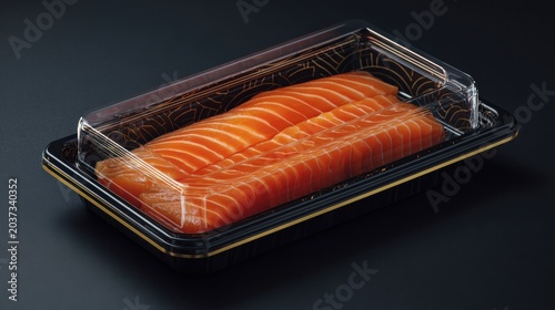 Fresh Salmon Fillet Fresh salmon fillet neatly arranged in a black plastic container with a clear plastic lid on a dark surface.