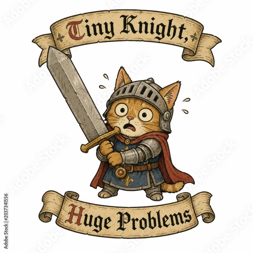 A tiny medieval cat knight holding an absurdly oversized sword and immediately regretting every life decision. Perfect for fantasy lovers, anxious heroes, cat fans, and anyone facing battles slightly 