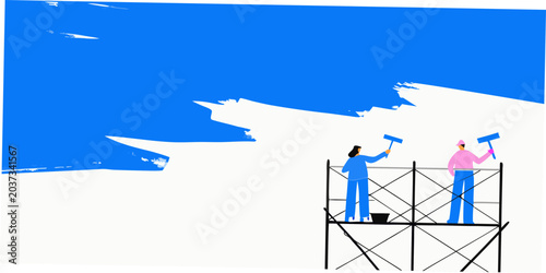painters on scaffolding painting a white brushstroke illustration