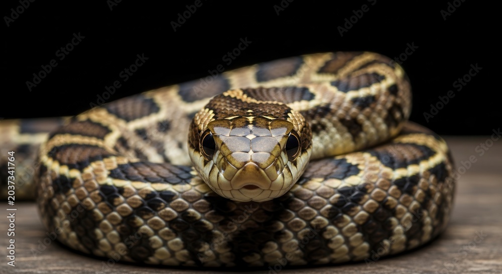Obraz premium Close up portrait of a dangerous rattlesnake coiled on wood.