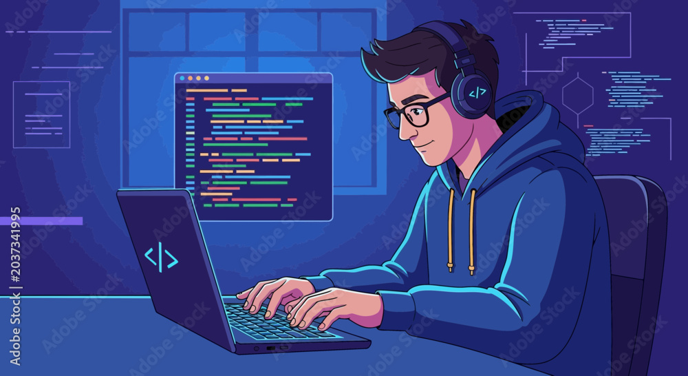 Fototapeta premium Programmer at Laptop Typing Code, Headphones On, Coding Abstract Background