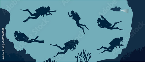 Quadro su tela Scuba Divers Exploring Underwater Cave with Submarine
