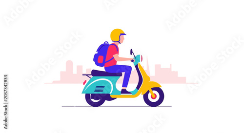 Bild auf Leinwand Delivery Person Riding Scooter with Backpack, Urban City Background, Fast Servic