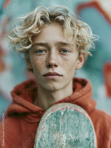 Young man with freckles and blonde curly hair holding a skateboard