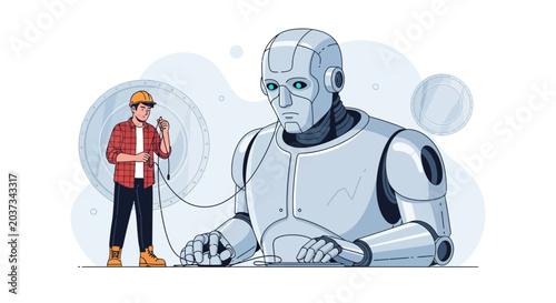 Man with hard hat connecting wires to a humanoid robot for programming