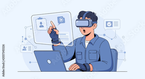 Man using VR headset and laptop interacting with digital interface, futuristic technology concept